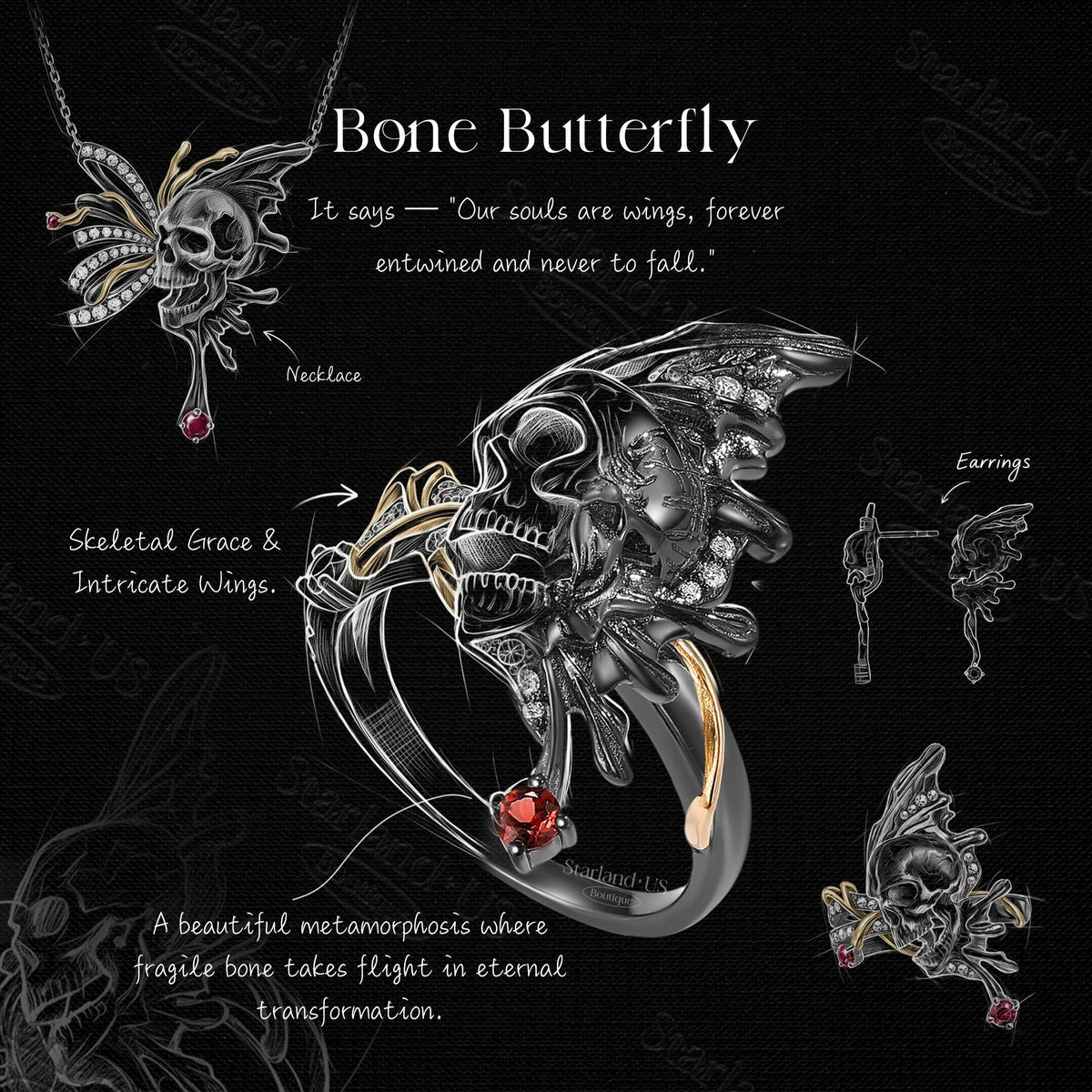 Gothic Inspired Unique Skull & Skeleton Butterfly Moissanite Two-Tone Halloween Engagement Ring