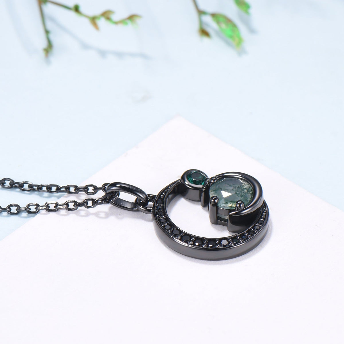 Unique Black Gold Green Moss Agate Necklace Magic Crescent Moon Dainty Agate Pendant Necklace Halloween Gothic Anniversary Gift for Daughter