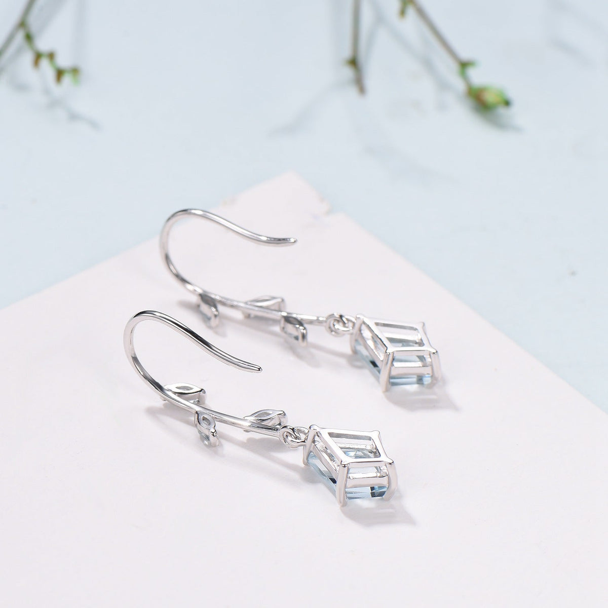 Kite Cut Aquamarine 14k White Gold Earrings, Brnach Vine, March Birthstone