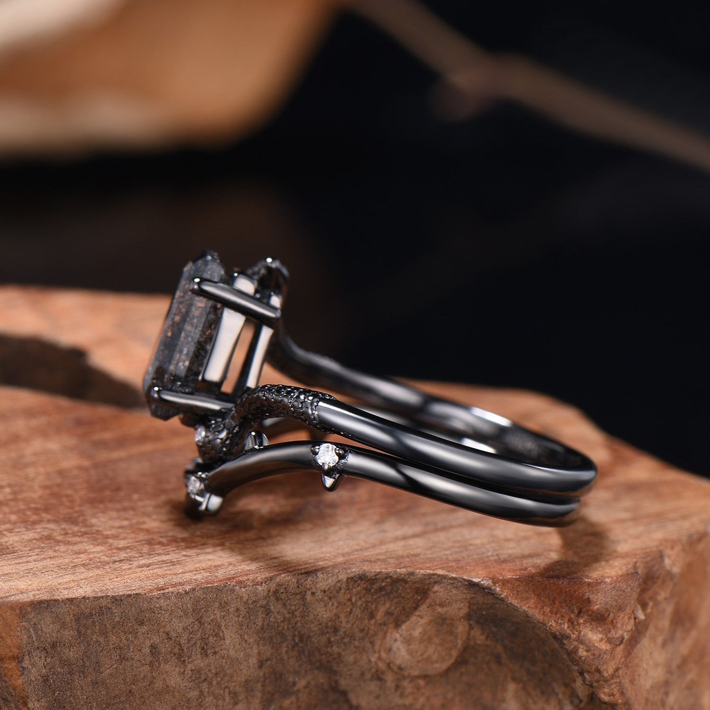 Unique Snake Black Gold engagement ring set cold-blooded coffin shaped black rutilated quartz wedding set for women anniversary promise gift