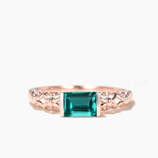 1CT Emerald Cut Emerald Solitaire Engagement Ring Rose Gold Vine Ring