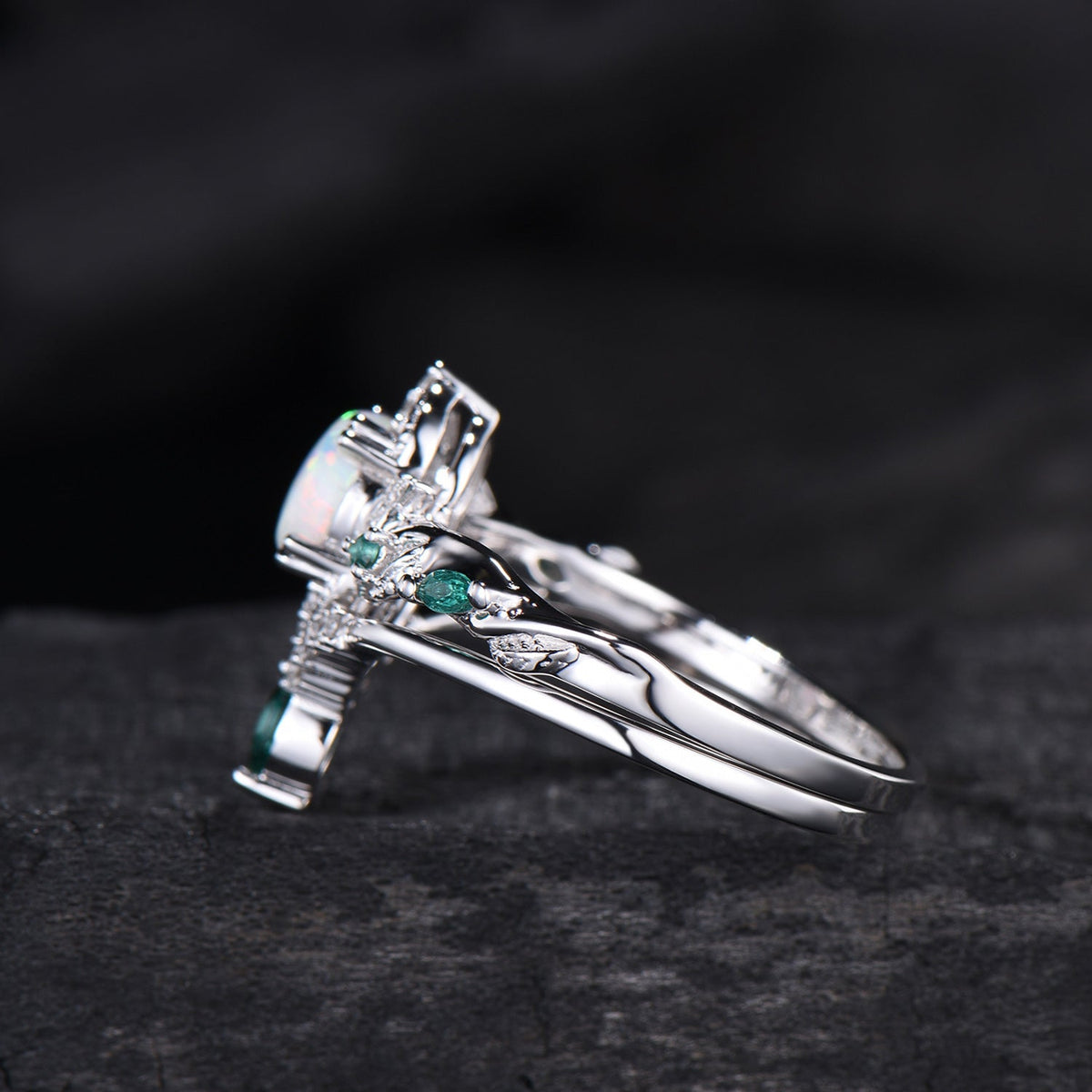 Vintage White Opal Engagement Ring Set Unique Leaves Nature Inspired Emerald Wedding Ring Set Art Deco Green Crystal Moissanite Bridal Set