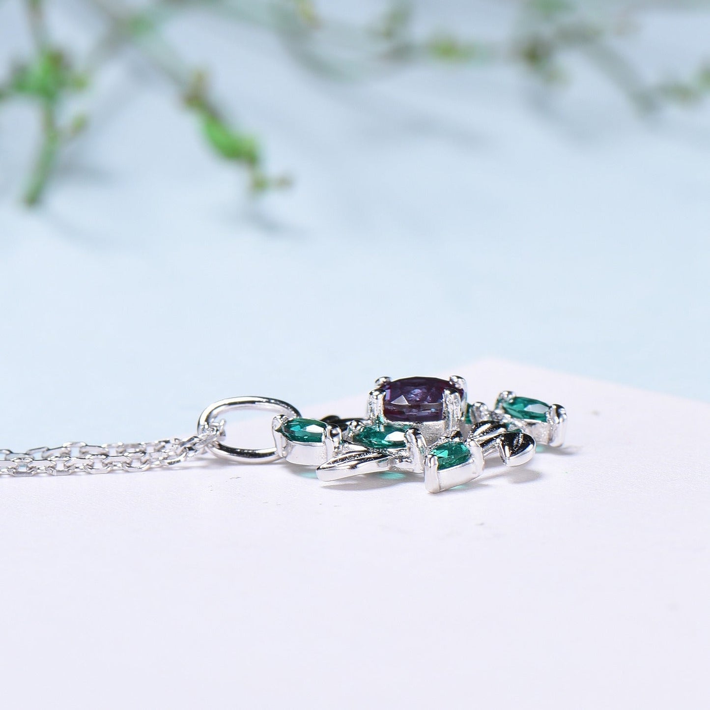 Unique Nature Inspired Alexandrite Necklace Vintage Marquise Pear Emerald Necklace Elegant Snowflake Pendant Anniversary gift for daughter