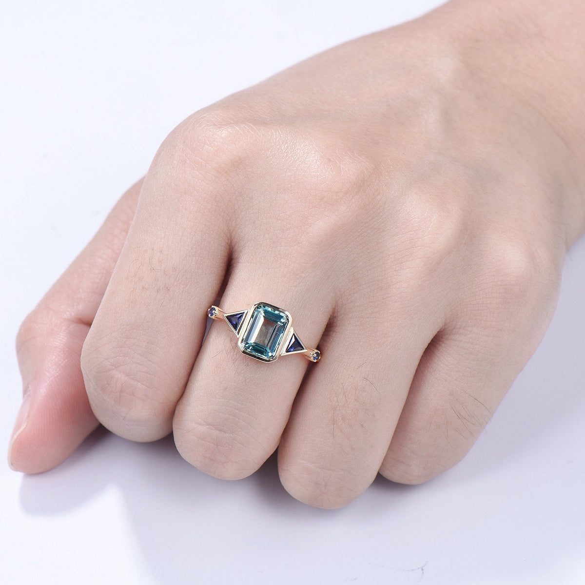 Unique Emerald Cut Green Sapphire Engagement Ring Bezel Set Trillion Blue Sapphire Five Stone Wedding Ring Anniversary Ring Gift for Women