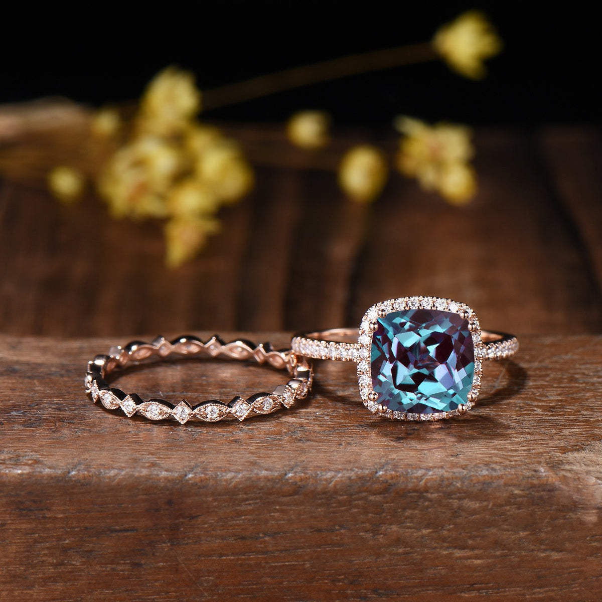 3ct Cushion Alexandrite Engagement Ring Set, 14k Rose Gold Halo Diamond Bridal Ring, Art Deco Full Eternity Milgrain Band