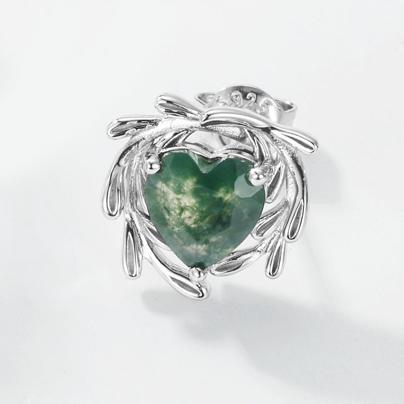 7mm Heart Shaped Moss Agate Engagement Earrings Leaf Flower Nature Inspired Jewelry