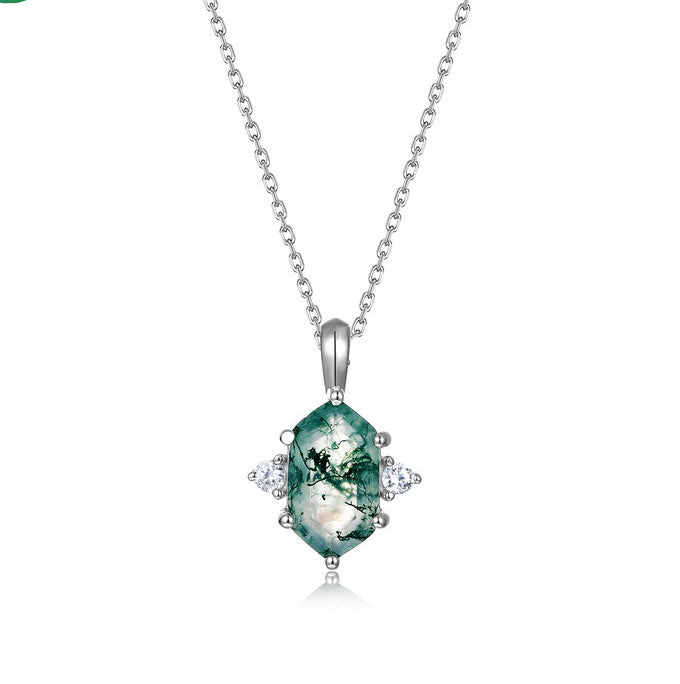 Hexagon Moss Agate Pendant Necklace- Three Stone