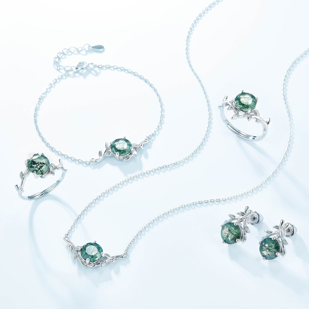 8mm Round Cut Nature Inspired Moss Agate Necklace Leaf Vine Jewelry