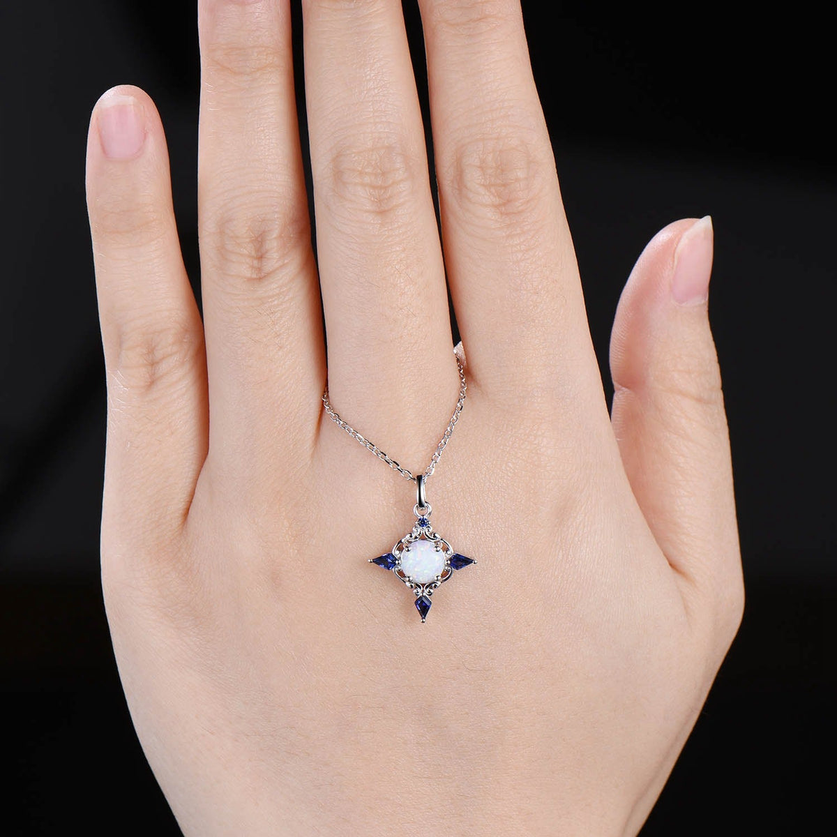 Celtic Knot Opal Pendant Necklace, 14K Rose Gold, Sapphire Accents