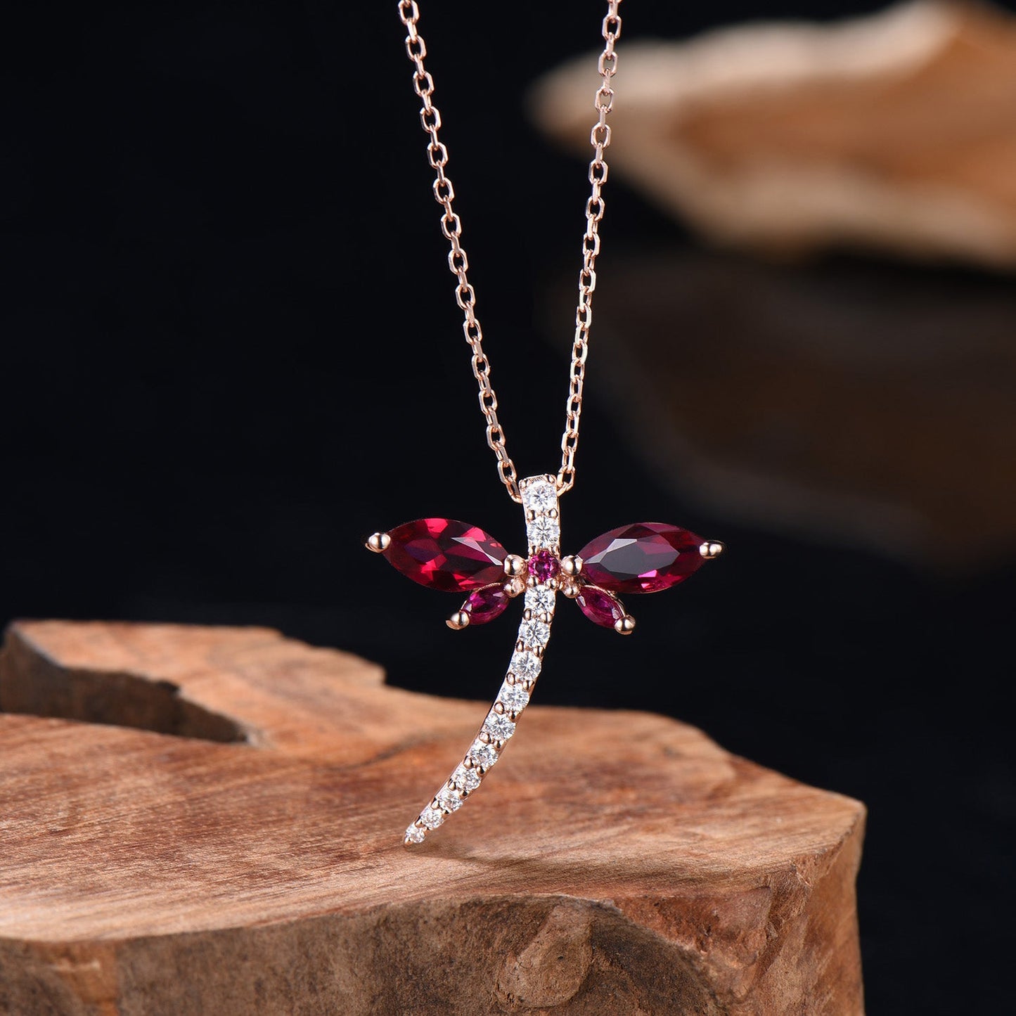 Vintage dragonfly necklace Unique lab red ruby necklace pendant cute silver 14k rose gold July birthstone pendant handmade proposal gifts