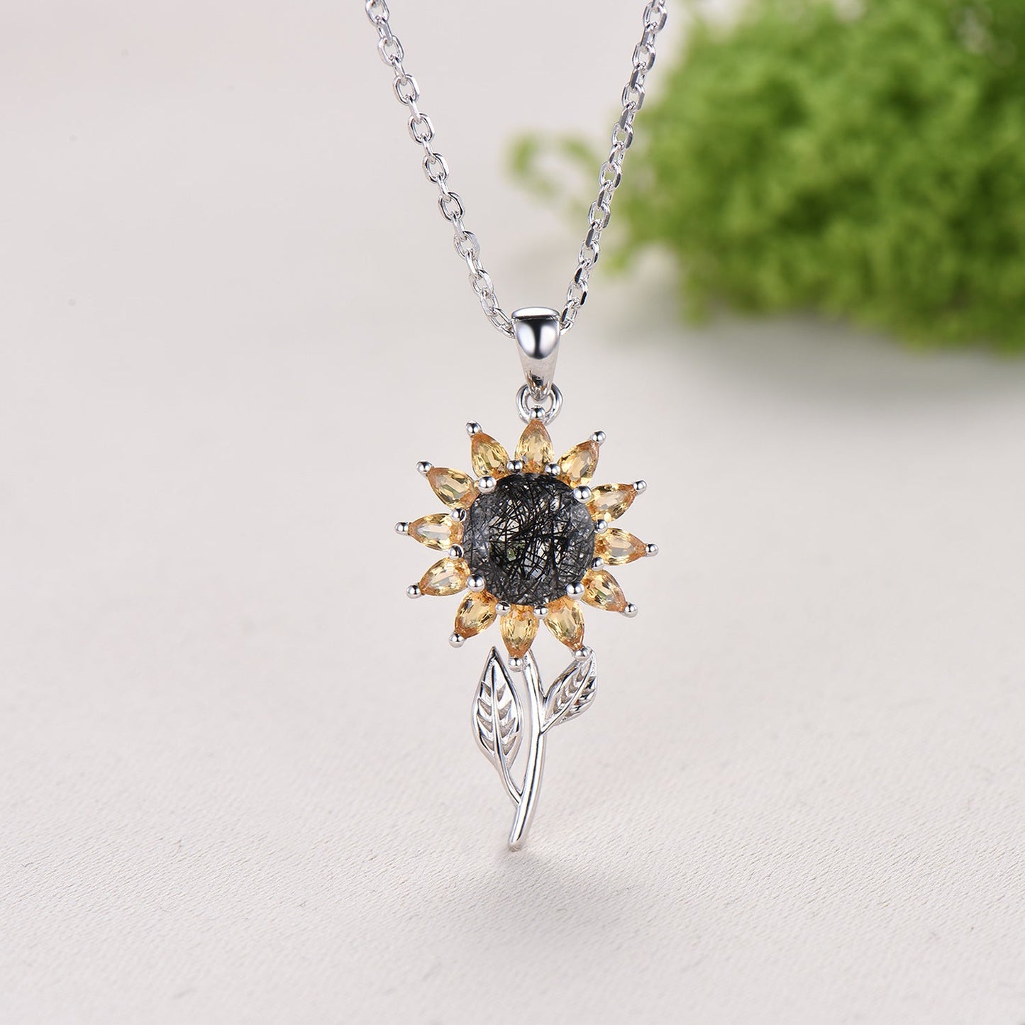 Black Rutilated Quartz Sunflower Necklace, Citrine Halo, 14K Gold Floral Pendant