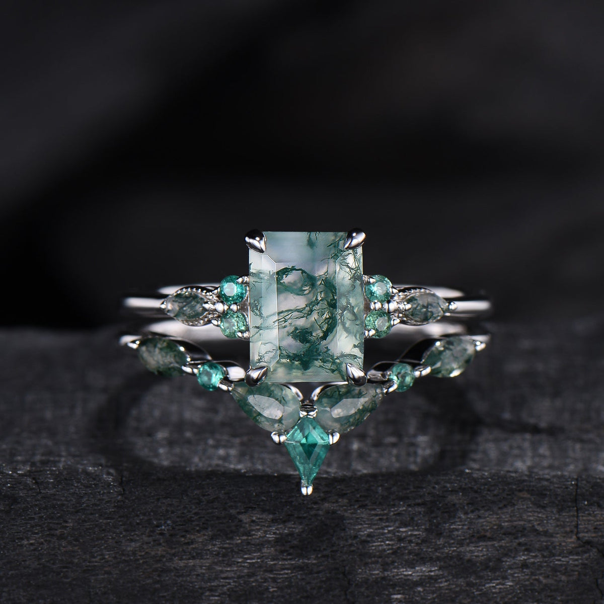 Unique Emerald Cut Natural Moss Agate Engagement Ring Set Seven Stone Green Gemstone Wedding Ring Set 14K Rose Gold Emerald Bridal Set Women