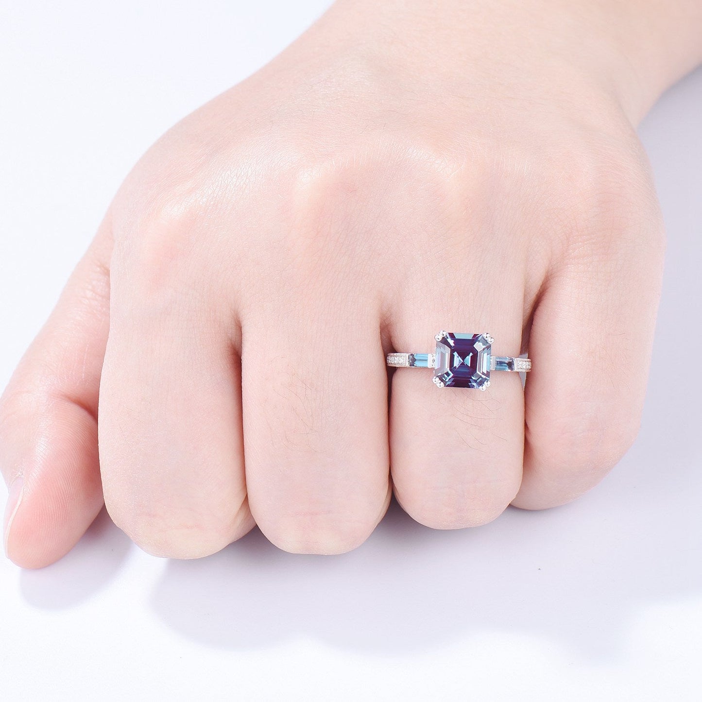 Unique asscher cut alexandrite engagement ring, hidden halo basket setting, 3 stone baguette color change June birthstone anniversary ring