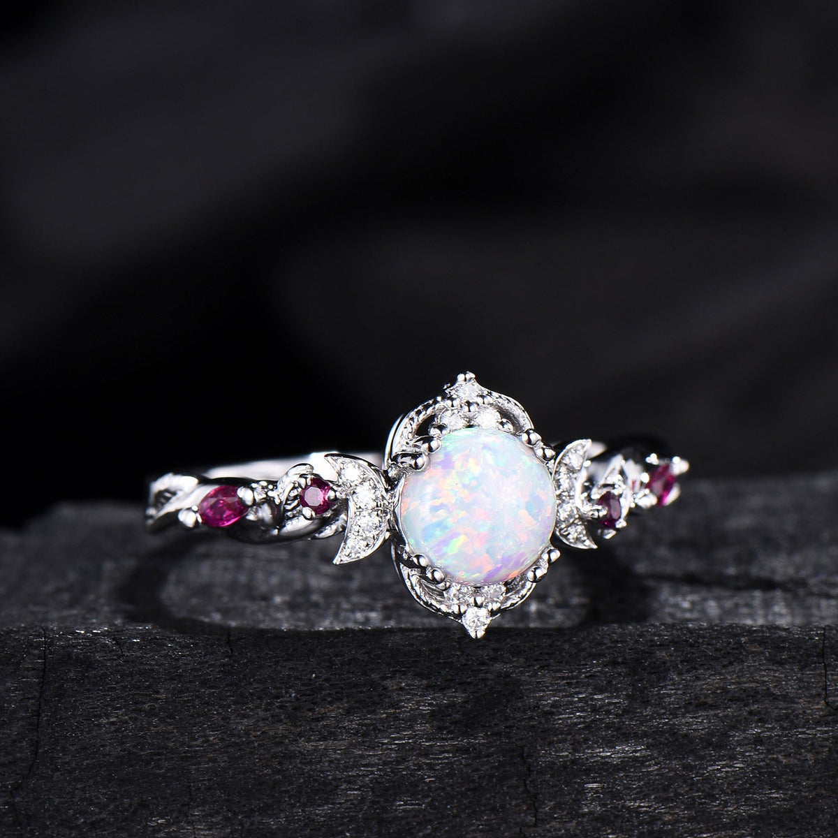 Vintage White Opal Ring | Gothic Celestial Crescent Moon & Ruby Accent Design
