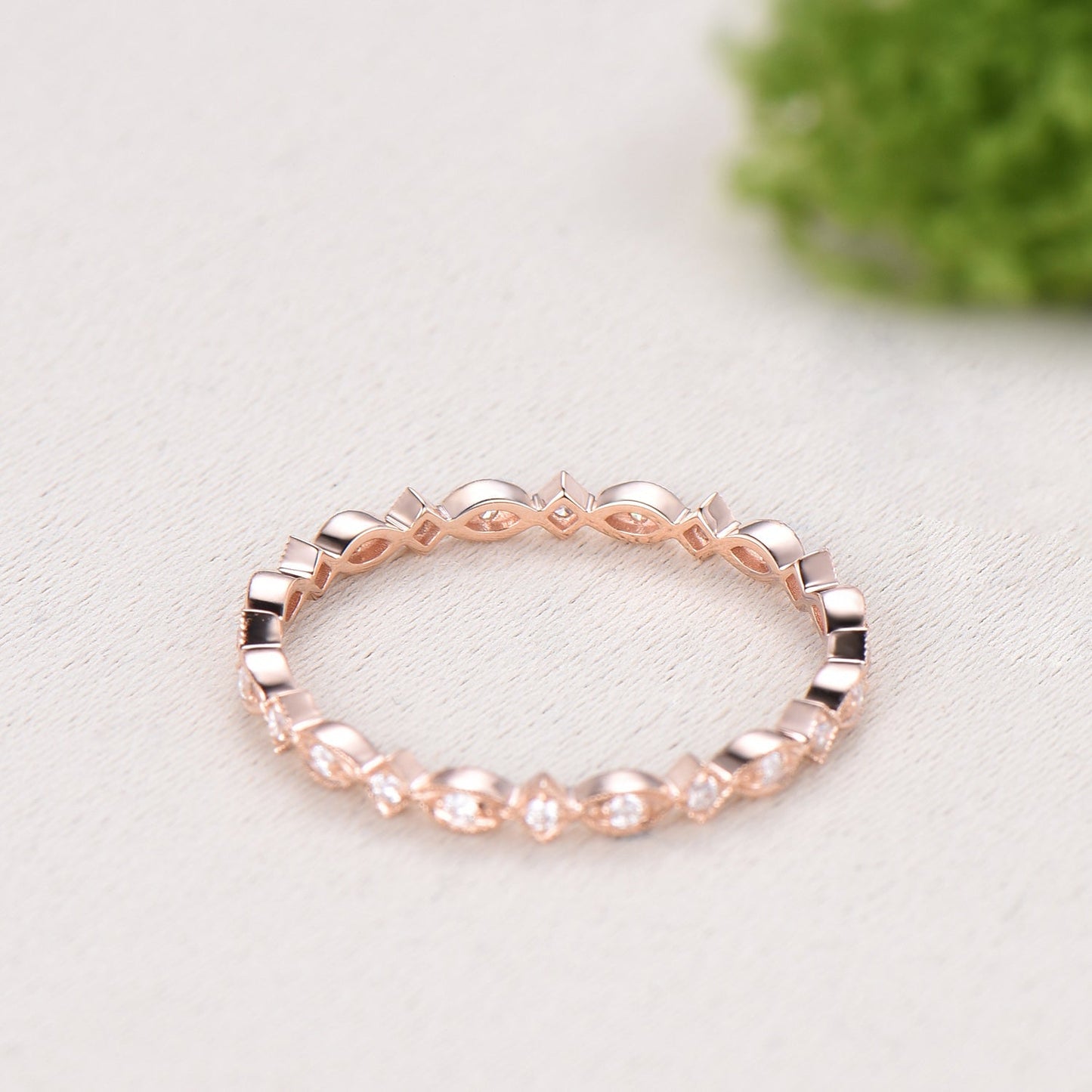 Art Deco Moissanite Diamond Wedding Band, Milgrain Stacking Ring, Vintage Anniversary Gift