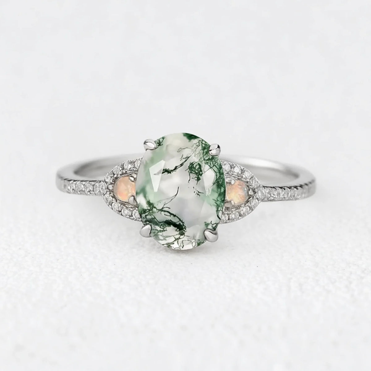 Sylvia’s Verdure | Oval Cut Moss Agate Engagement Ring