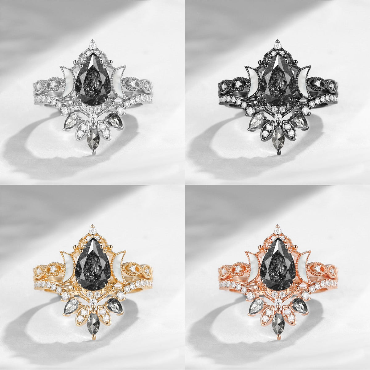 Crescent Moon | Pear Black Rutilated Quartz & Mother of Pearl Moon 'Ultra Galaxy' Engagement Ring Set 2pcs