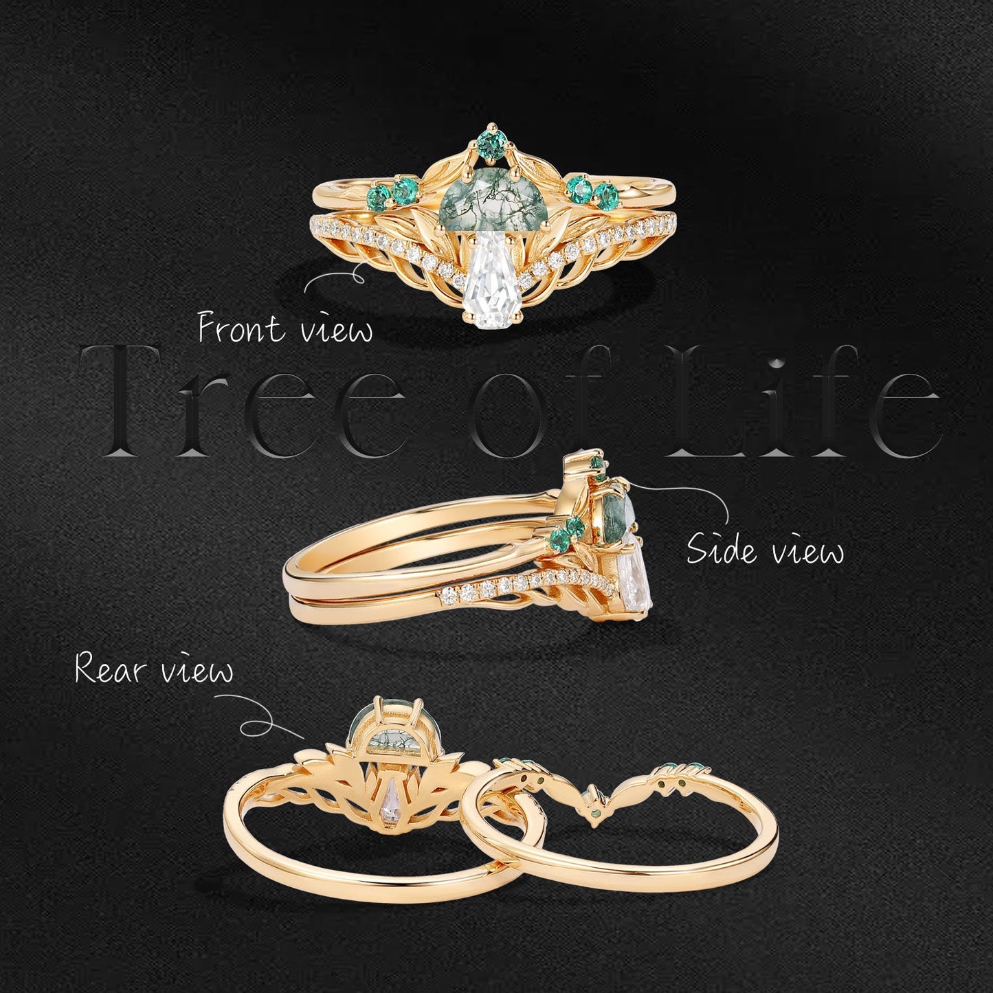 Tree of Life - Nature Inspired Coffin Moissanite & Moss Agate Mushroom Engagement Ring Set