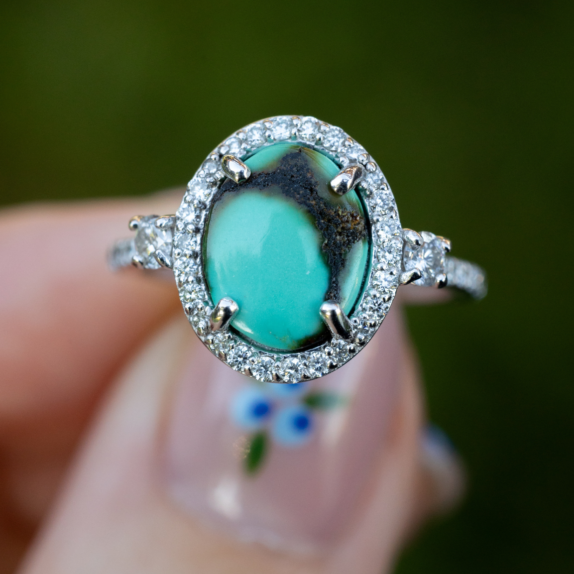 "KB" - Oval Turquoise Engagement Ring With Diamond Halo & Accents - Ready To Ship