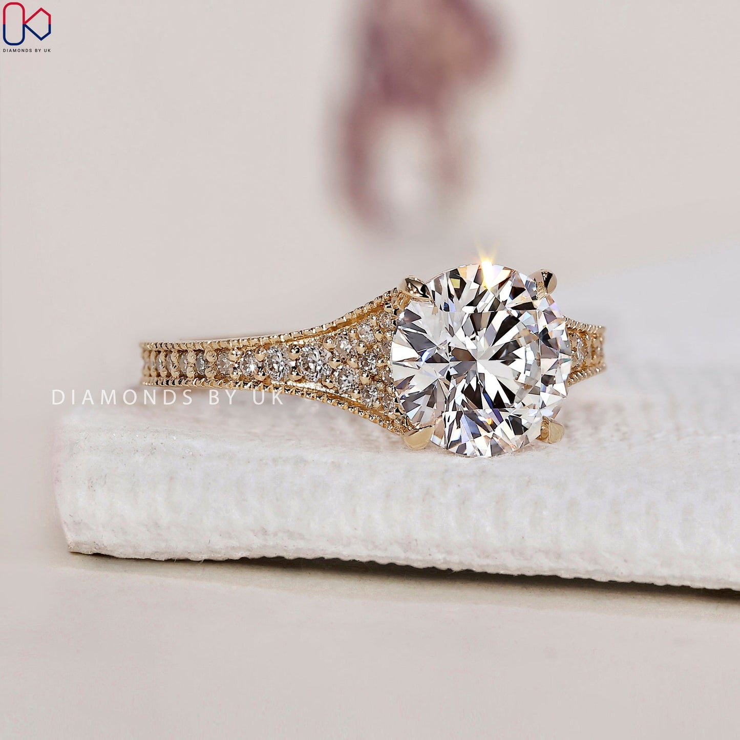 Round Brilliant Cut Diamond Ring - Tapered Pave Set