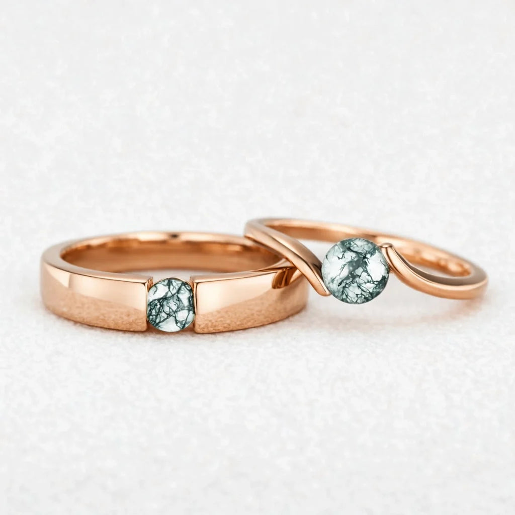 One Stone Duo | Round Moss Agate Couple Ring Set 2pcs