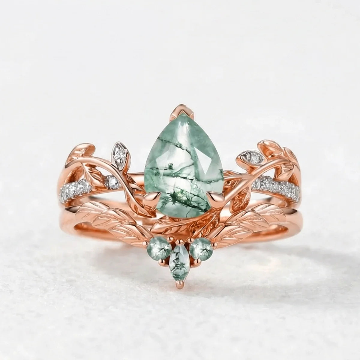 Marguerite’s Garland | Pear Cut Moss Agate Couple’s Ring Set 3pcs