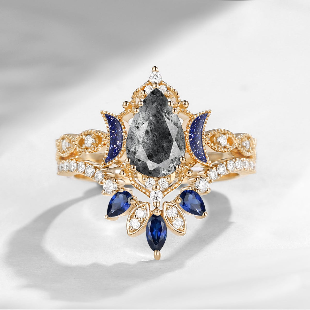 Crescent Moon | Blue Moon Inspired Pear Herkimer Diamond 'Ultra Galaxy' Engagement Ring Set 2pcs