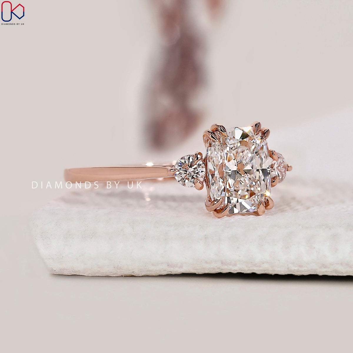 Cushion and Round Cut 3 Stone Engagement Ring