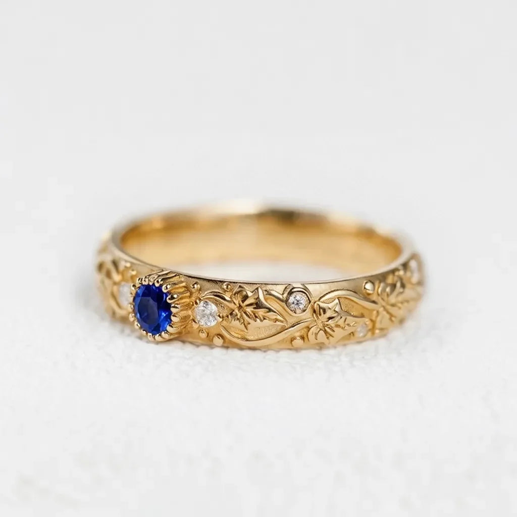 Ivy’s Cove | Blue Sapphire & Diamond Ivy Leaf Wedding Band