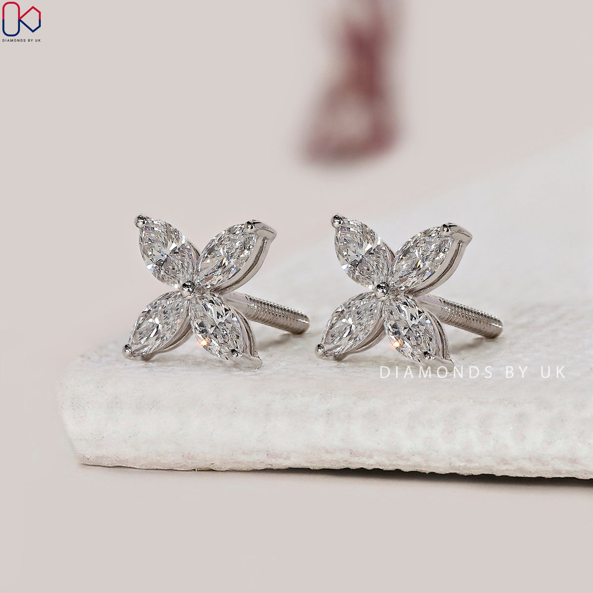 Marquise Diamond Flower Stud Gold Earrings