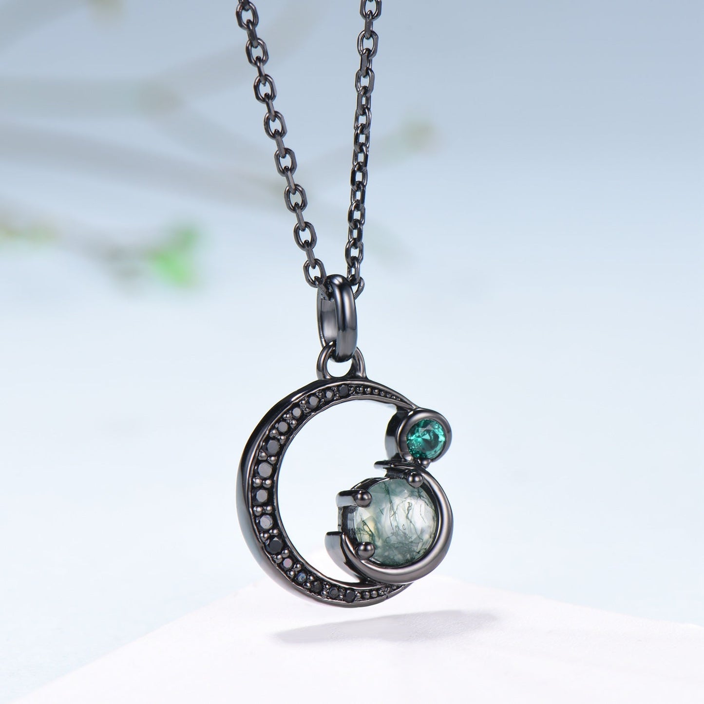 Unique Black Gold Green Moss Agate Necklace Magic Crescent Moon Dainty Agate Pendant Necklace Halloween Gothic Anniversary Gift for Daughter