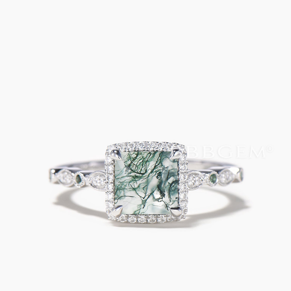 Princess Cut Natural Moss Agate Diamond Halo Ring Emerald Band Bridal Set
