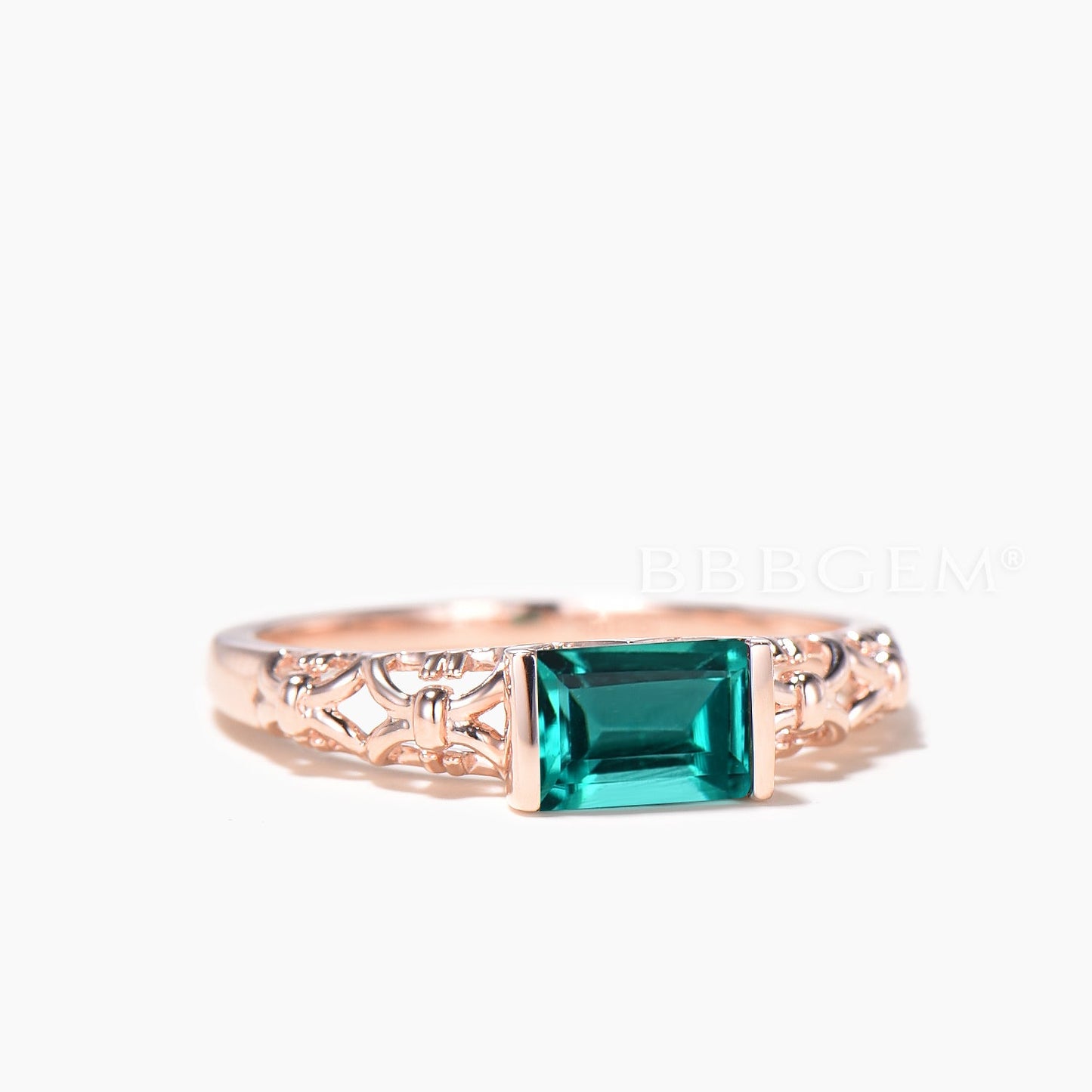 1CT Emerald Cut Emerald Solitaire Engagement Ring Rose Gold Vine Ring