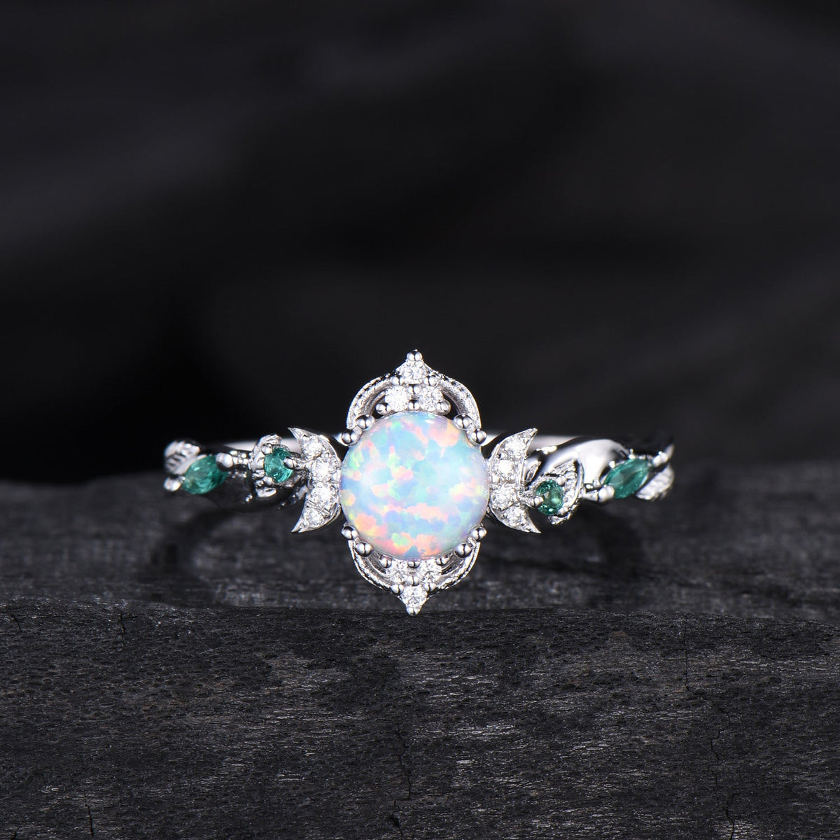 Vintage White Opal Engagement Ring Set Unique Leaves Nature Inspired Emerald Wedding Ring Set Art Deco Green Crystal Moissanite Bridal Set