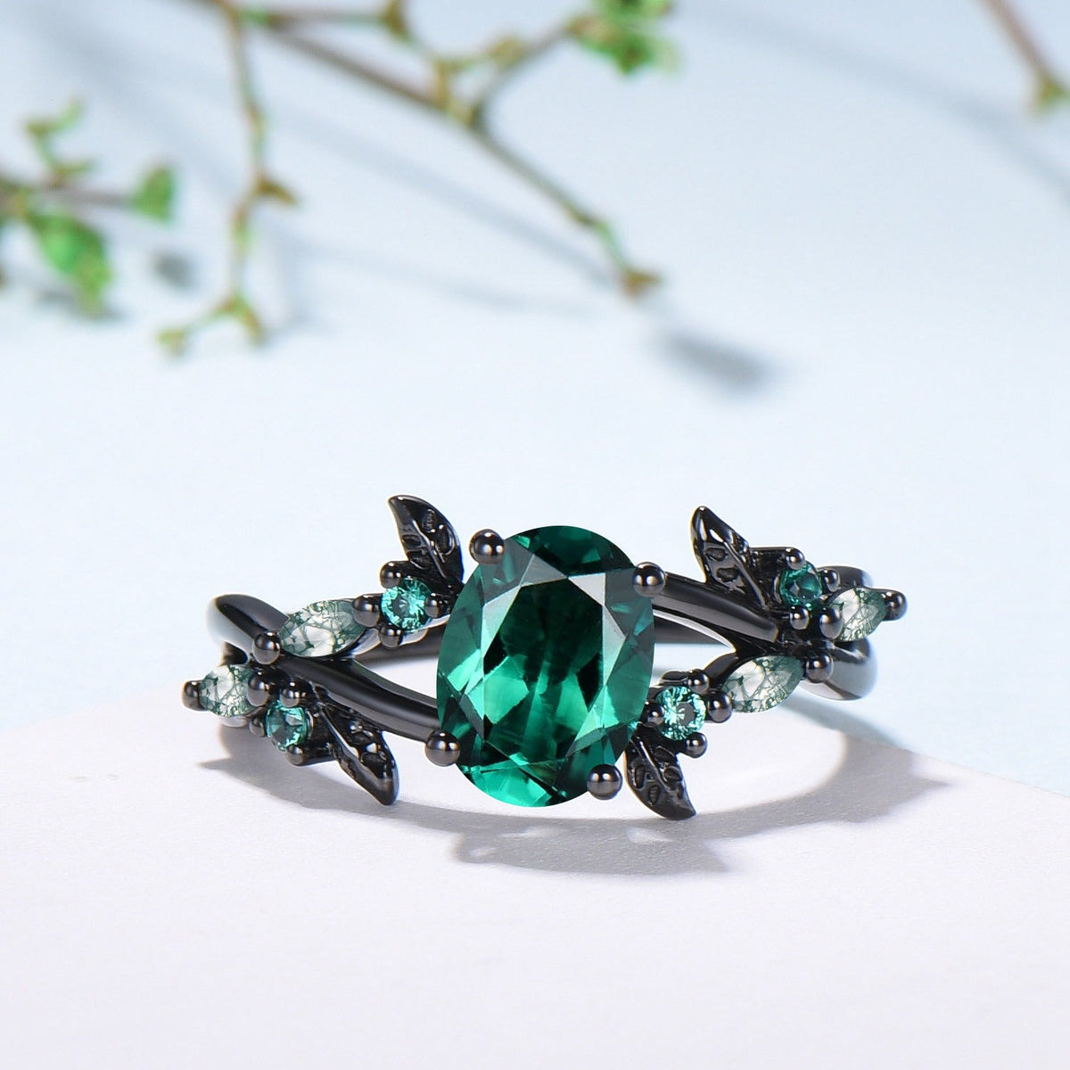 Black Gold Emerald Engagement Ring, Gothic Leaf Ring