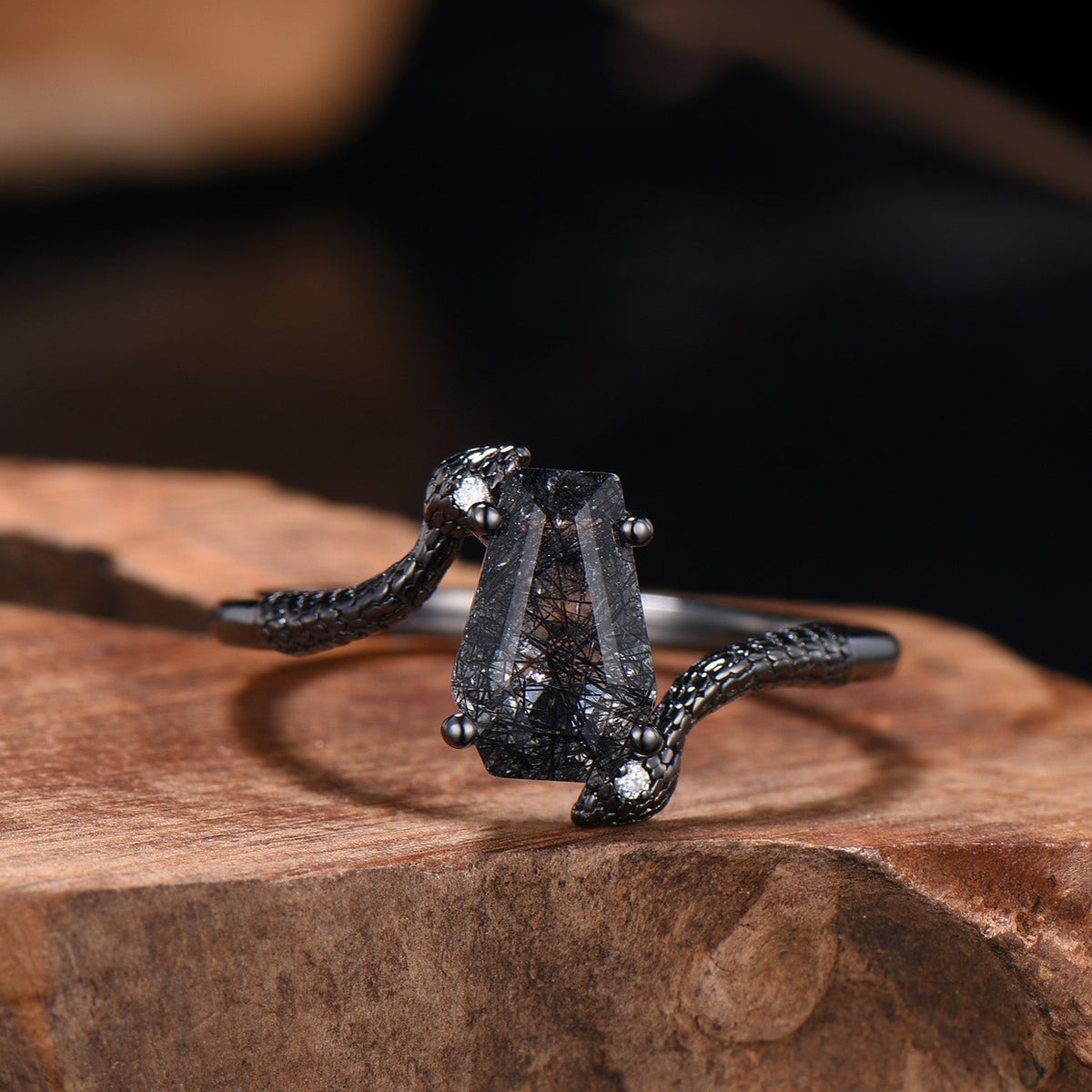Black Rutilated Quartz Engagement Ring Set - Coffin Gemstone, Black Gold