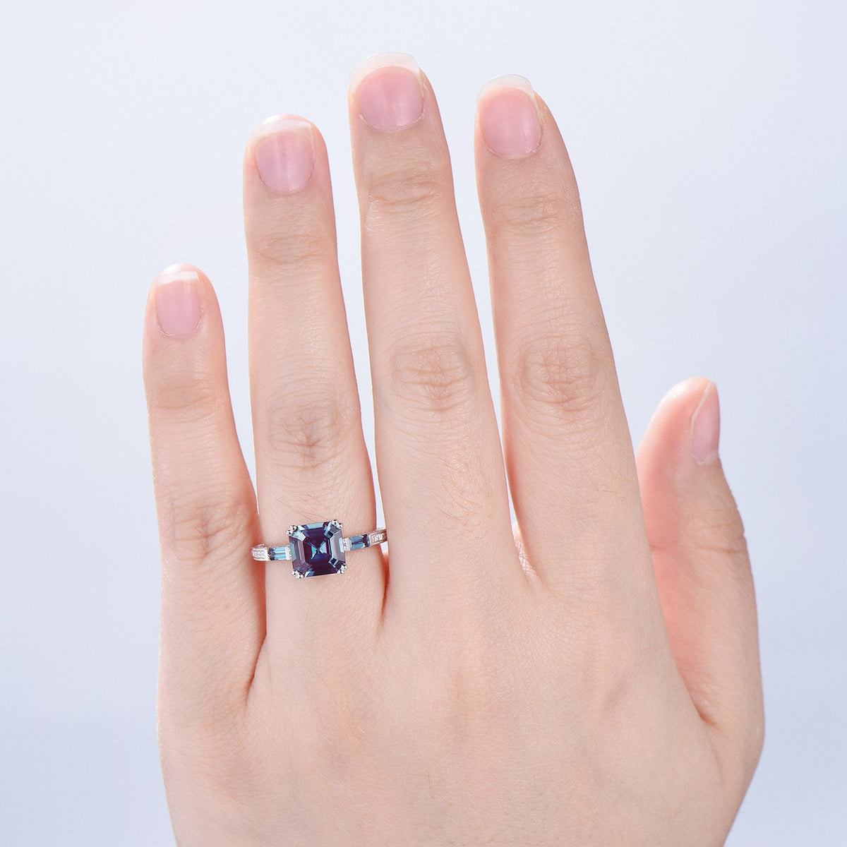 Unique asscher cut alexandrite engagement ring, hidden halo basket setting, 3 stone baguette color change June birthstone anniversary ring