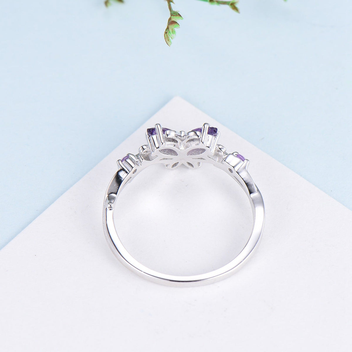 Unique Butterfly wedding ring vintage marquise amethyst engagement ring purple crystal silver white gold custom anniversary gift  for women