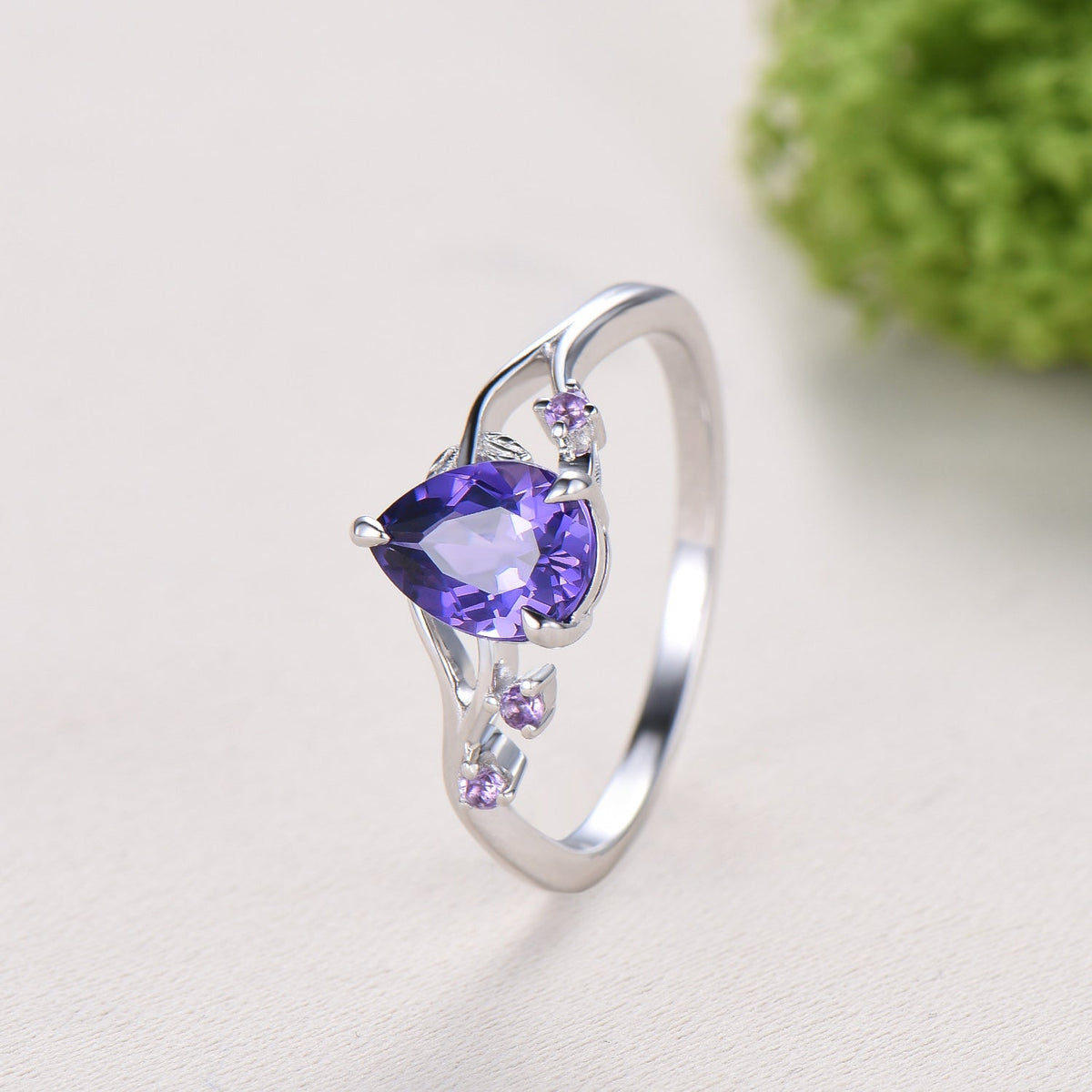 Vintage Pear Shaped Purple Sapphire Engagement Ring, Nature Inspired Leaf Twig Gold Ring, Accent Amethyst Split Shank Anniversary Ring