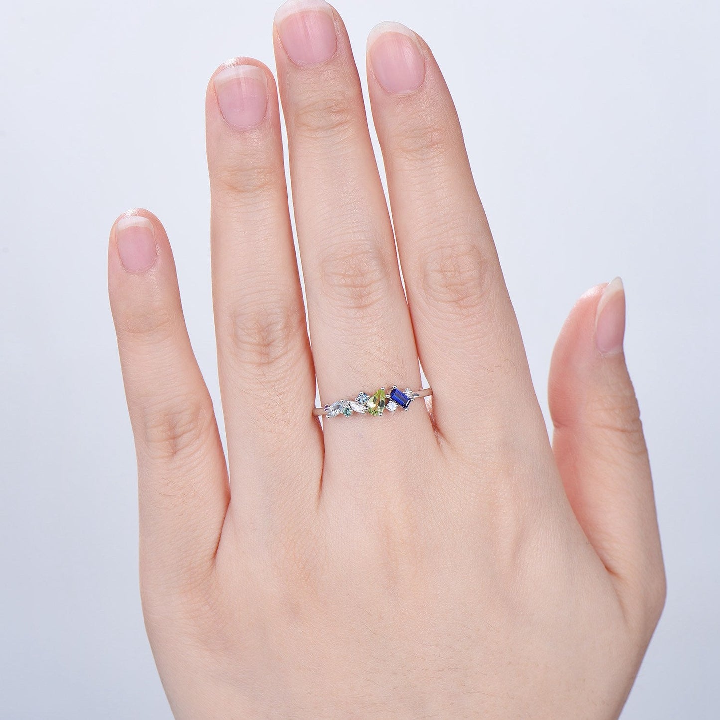 Multi-Gemstone Cluster Wedding Ring | Peridot, Amethyst, Topaz, Sapphire & Aquamarine