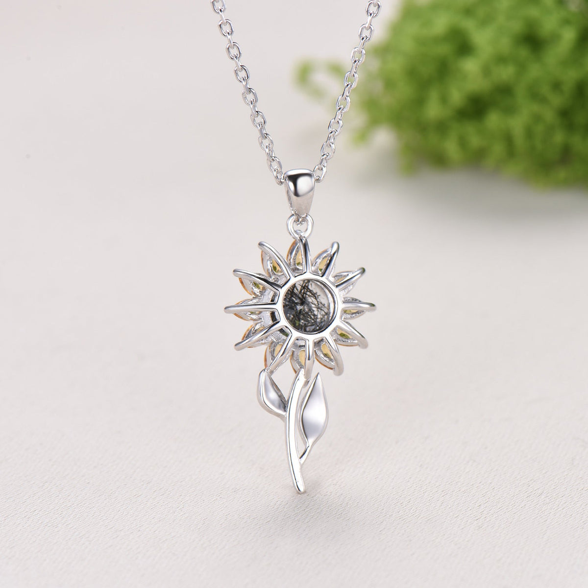 Black Rutilated Quartz Sunflower Necklace, Citrine Halo, 14K Gold Floral Pendant