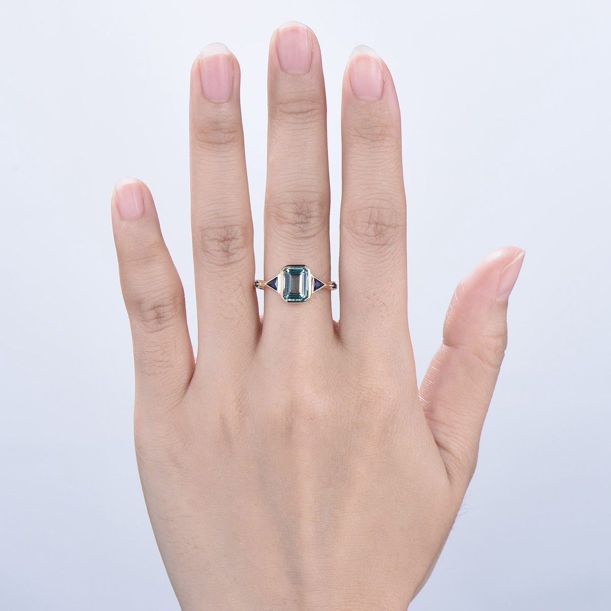 Unique Emerald Cut Green Sapphire Engagement Ring Bezel Set Trillion Blue Sapphire Five Stone Wedding Ring Anniversary Ring Gift for Women