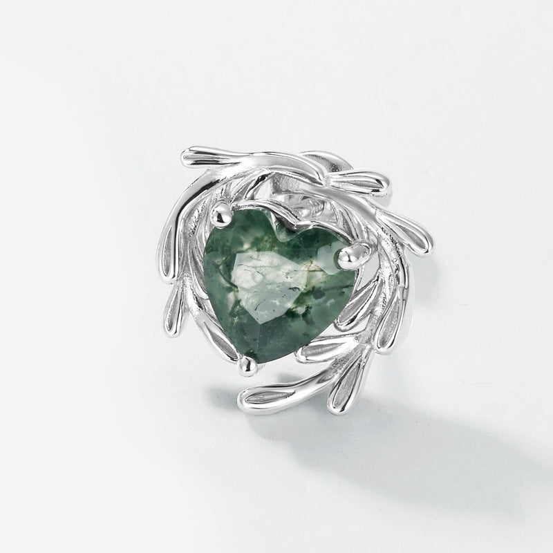 7mm Heart Shaped Moss Agate Engagement Earrings Leaf Flower Nature Inspired Jewelry