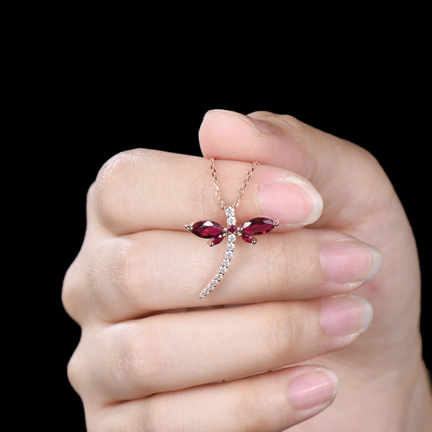Vintage dragonfly necklace Unique lab red ruby necklace pendant cute silver 14k rose gold July birthstone pendant handmade proposal gifts