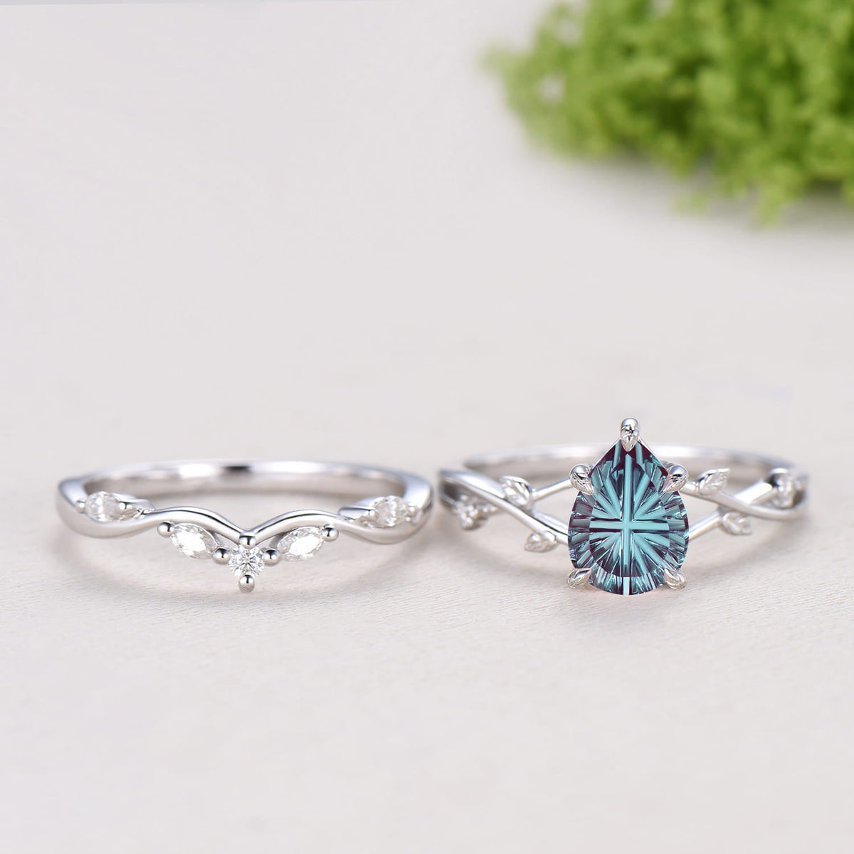 Pear Cut Starburst Alexandrite Engagement Ring Set | Twig Vine Color Change Stone Wedding Set