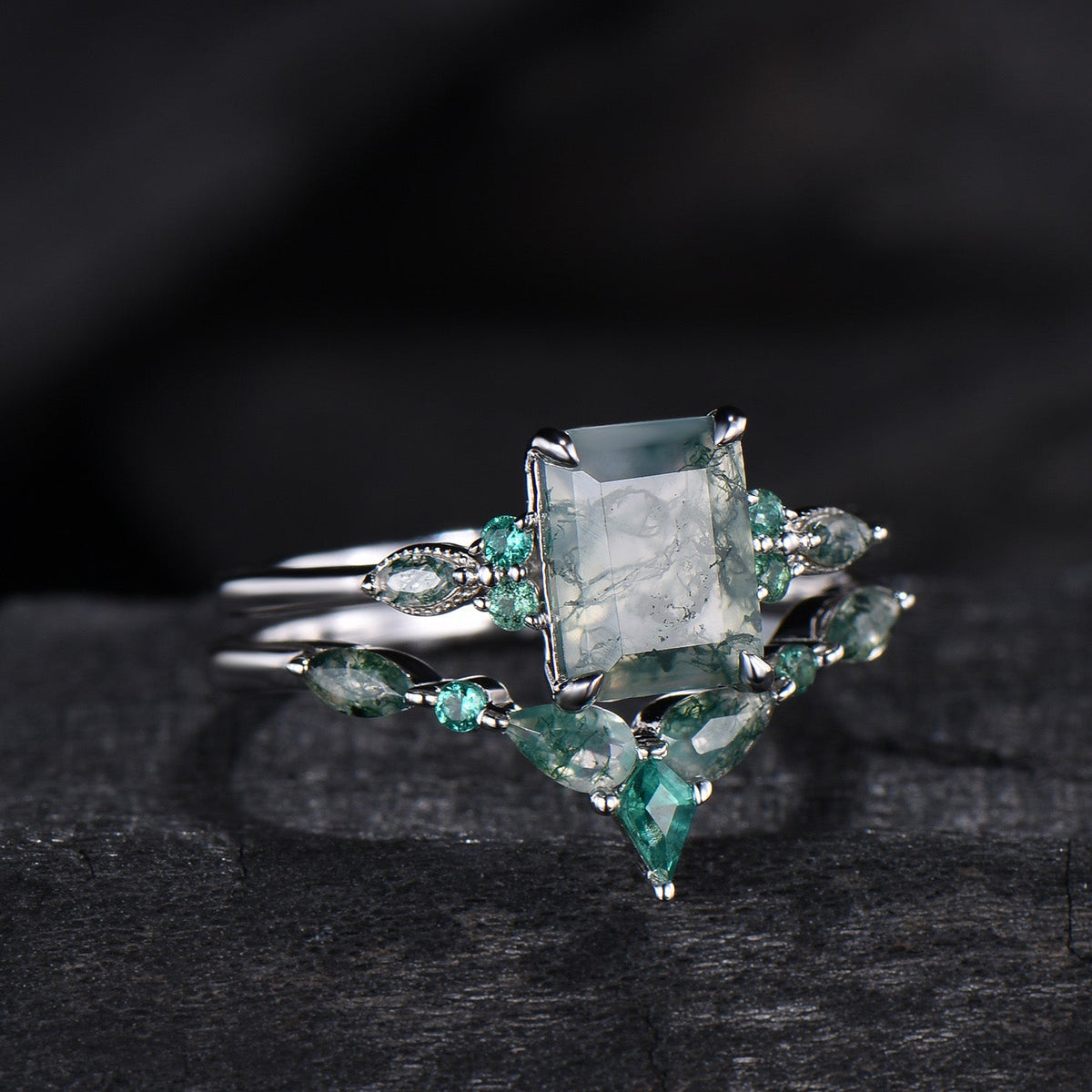 Unique Emerald Cut Natural Moss Agate Engagement Ring Set Seven Stone Green Gemstone Wedding Ring Set 14K Rose Gold Emerald Bridal Set Women