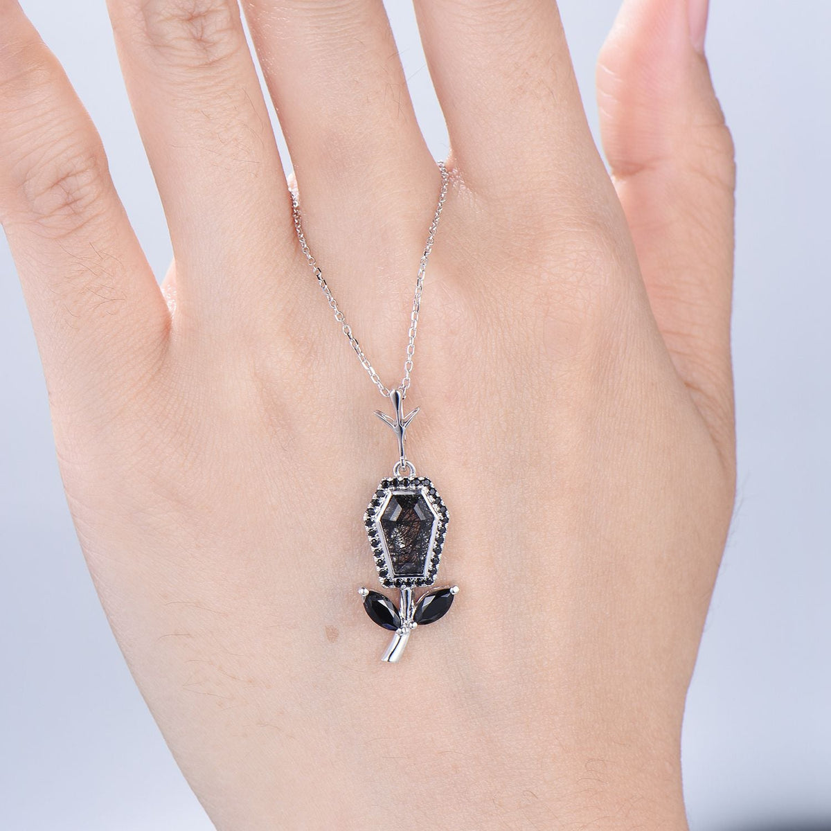 Vintage Coffin black rutilated quartz pendant necklace solid 14k 18k rose gold halo black spinel Personalized anniversary Halloween Jewelry