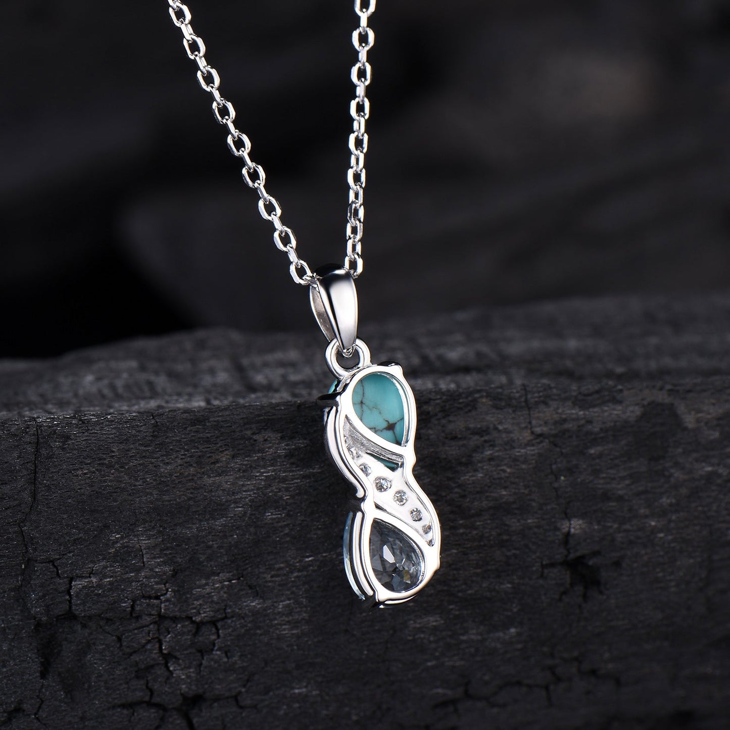 Aquamarine Turquoise Toi et Moi Necklace, Double Pear Cut, Handmade Gold Pendant