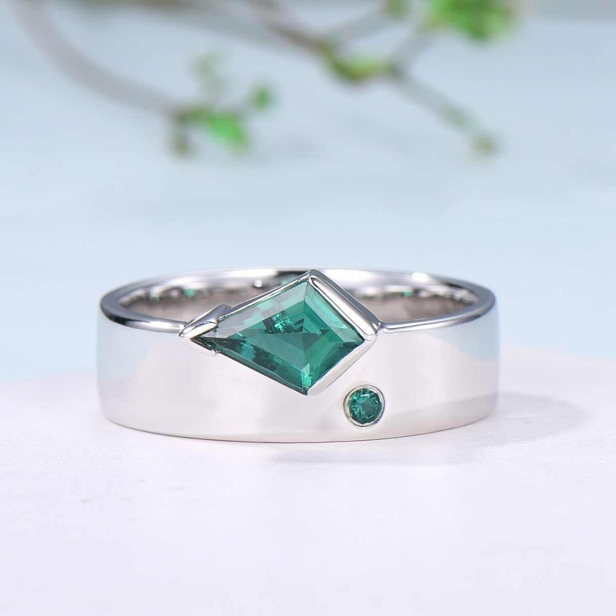 One Of a Kind Emerald Wedding Band For Men Unique Kite Cut Emerald Men's Wedding Ring 6mm Stacking Anniversary Matching Band Christmas Gift