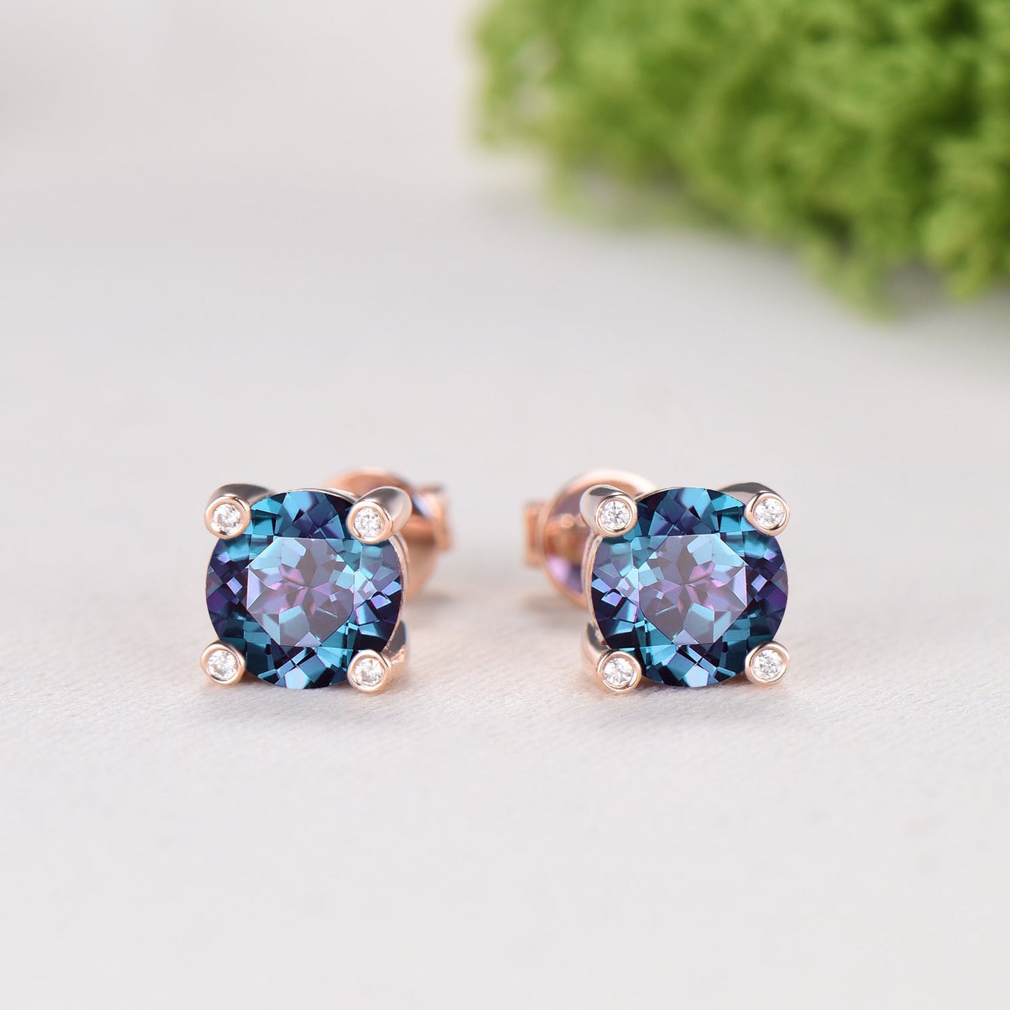 Minimalist Alexandrite Stud Earrings | Round Cut Color Change Stone, June Birthstone